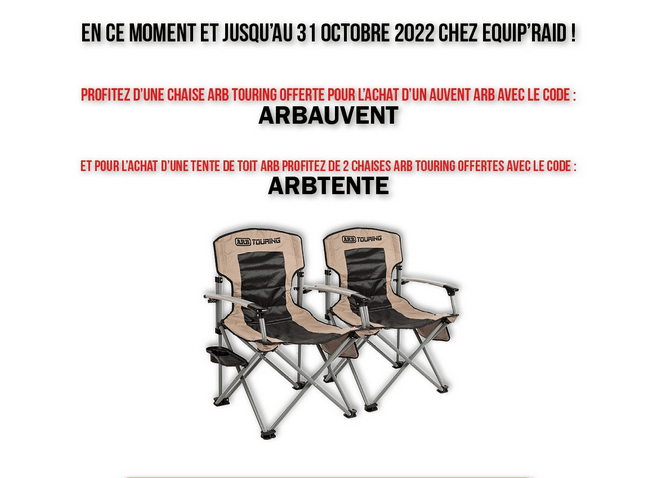 Equip’Raid promos de rentrée Chaises ARB en cadeau