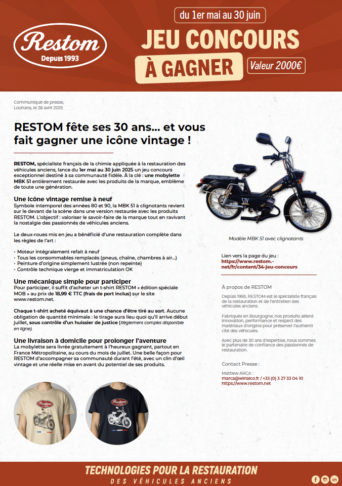 Restom Jeu concours
30 ans de Restom ça se fête 
