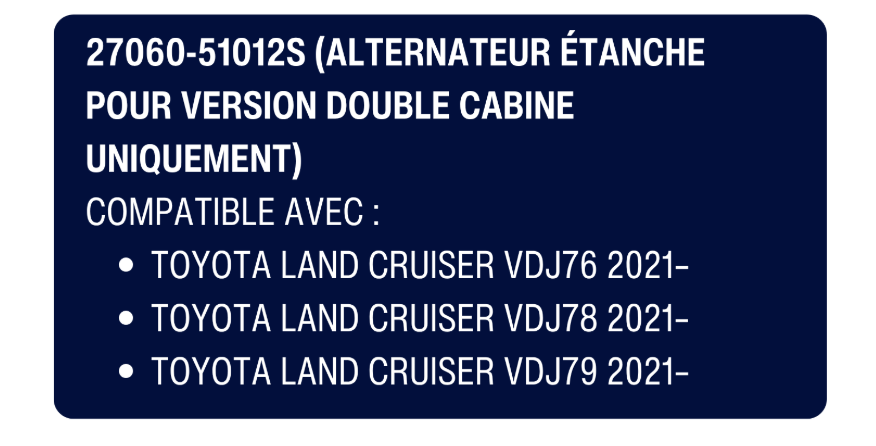 Terrain Tamer alternateur étanche
Pour les 4x4 soumis à rude épreuve