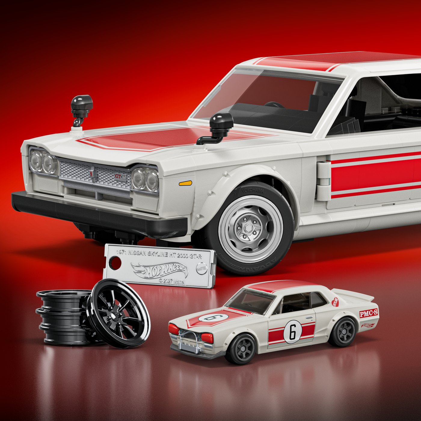 Calandre GT-R, jante et plaque signature en métal de la Skyline Mattel Brick Shop, avec la miniature Hot Wheels exclusive