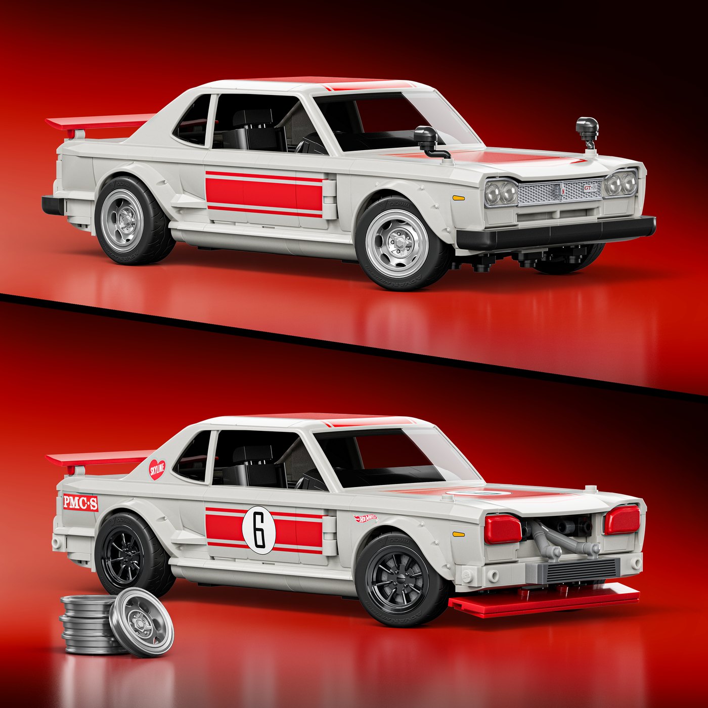 La Nissan Skyline 2000GT-R en briques en deux versions : jantes chromées, puis jantes noires, lame avant et numéro 6