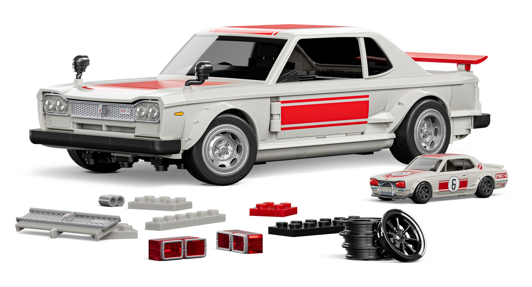Nissan Skyline 2000GT-R de 1971 en briques Mattel Brick Shop, avec ses pièces de personnalisation et la miniature Hot Wheels au 1/64